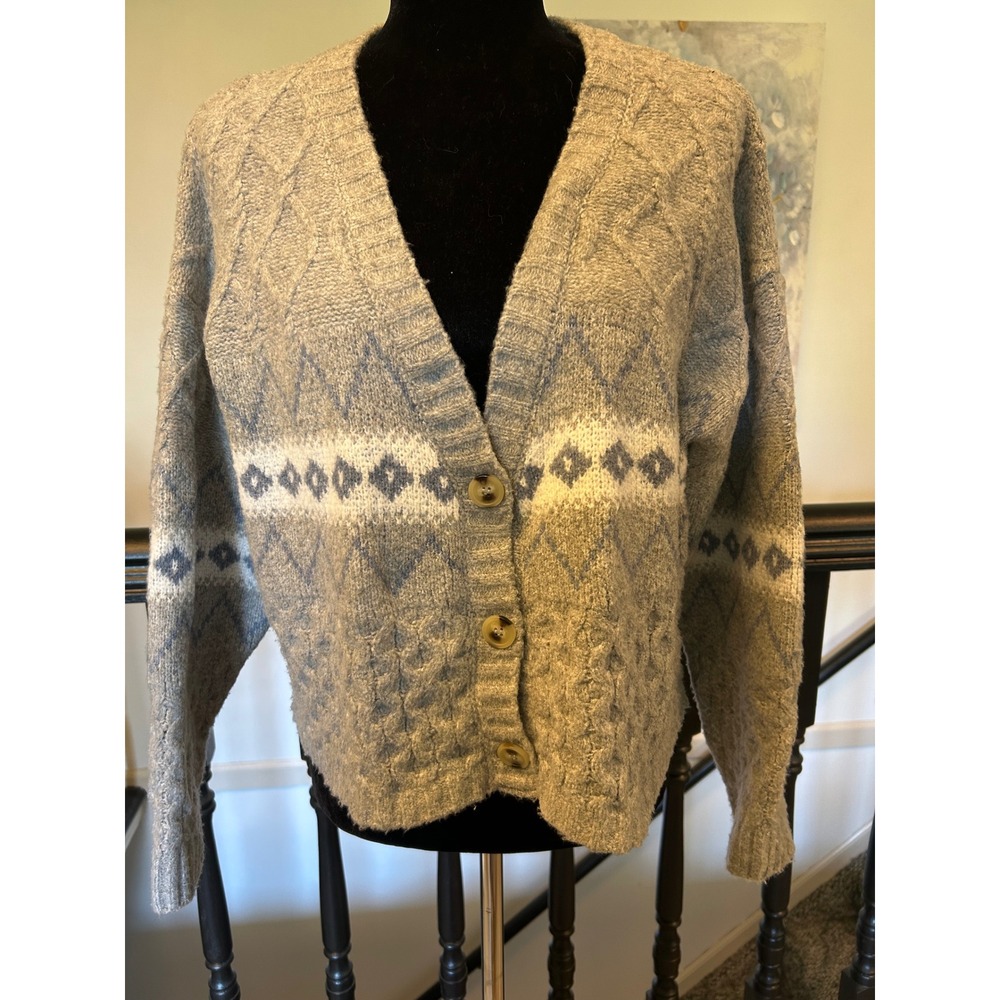 Pink Rose Grey Fair Isle Cable Knit Cardigan Sweater XL PF5S45585VM
